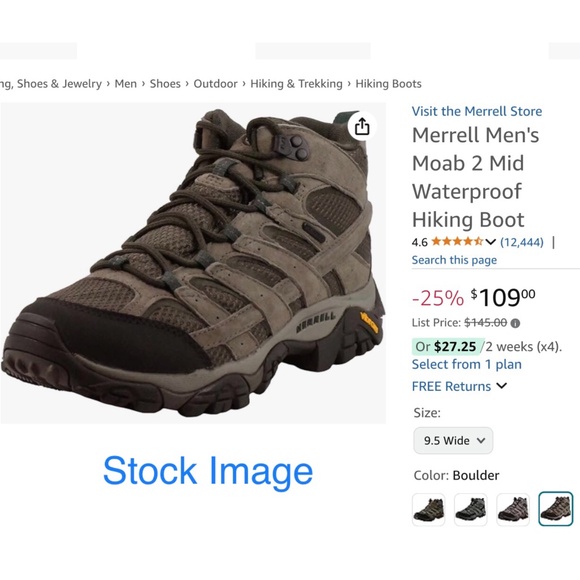 Merrell Men\'s Moab 2 Mid Waterproof Hiking Boot  Size 7.5. NWOB main image 5